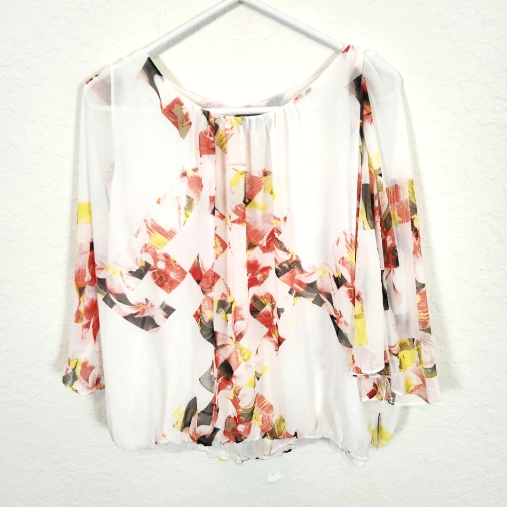 Vince Camuto | Floral Flowy Blouse White Pink Yellow Large